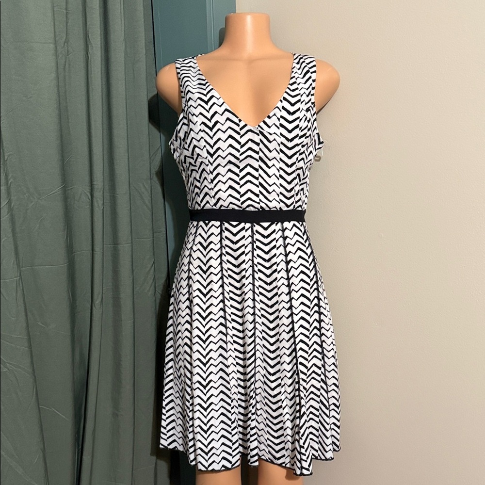 Yellow Star Black & White Chevron Fit & Flare Dress | Size Medium